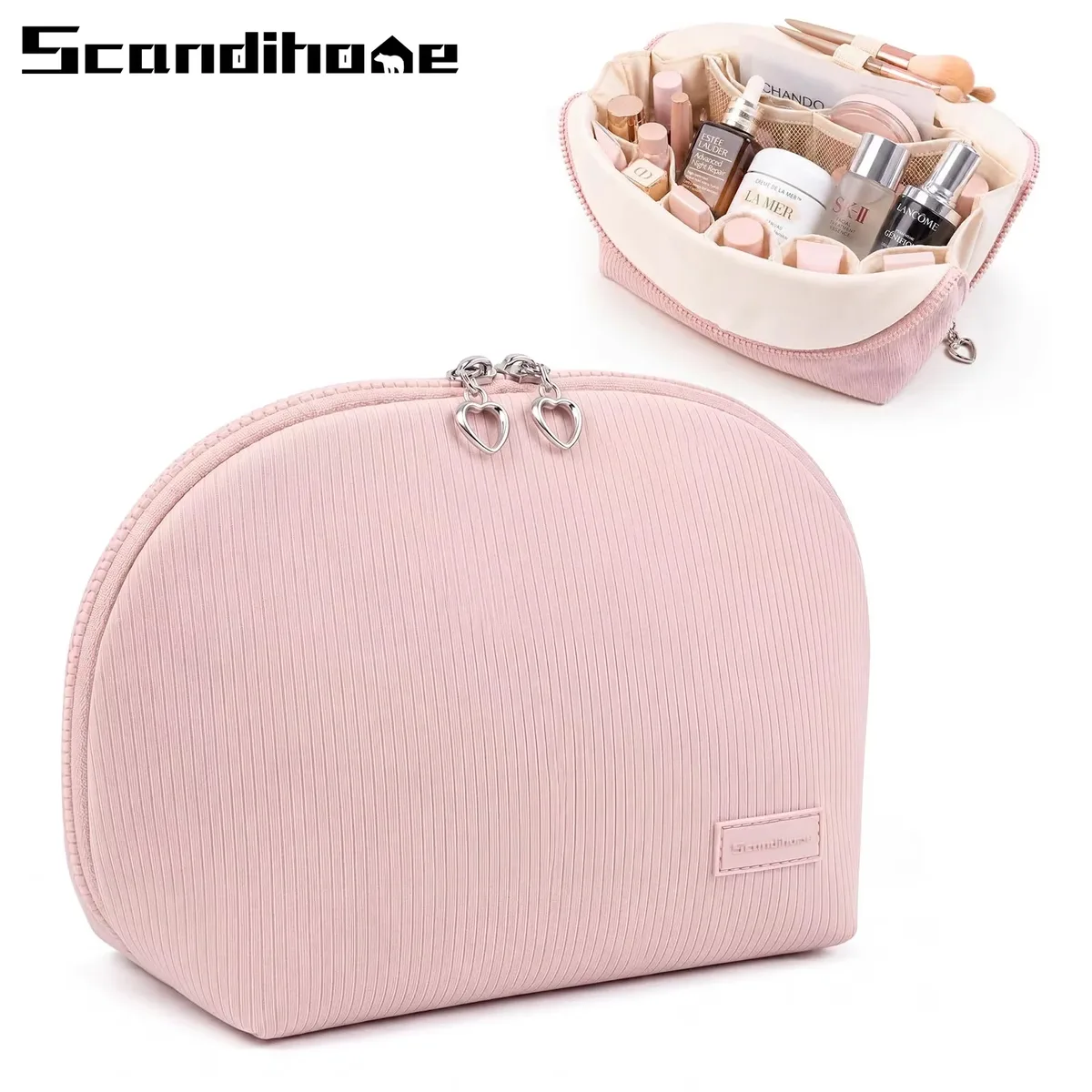 Trousse de maquillage grande capacité 180 ° Organisateur de cosmétiques à large ouverture, trousse de toilette portable de voyage avec compartiments et porte-pinceaux