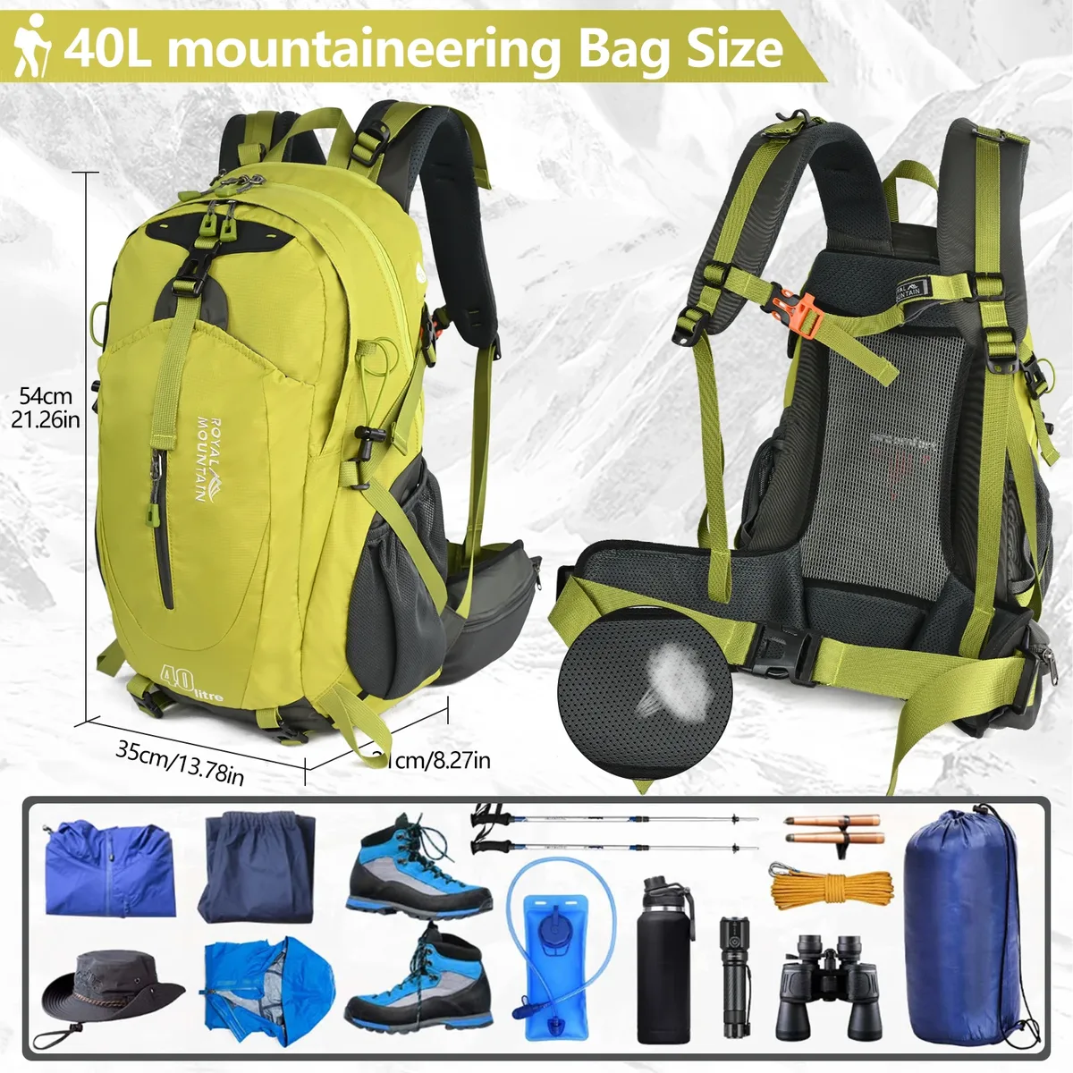 sac à dos de randonnée en plein air 40l, léger, respirant, fonctionnel, poche avant ouverte, sac en nylon résistant à l'eau