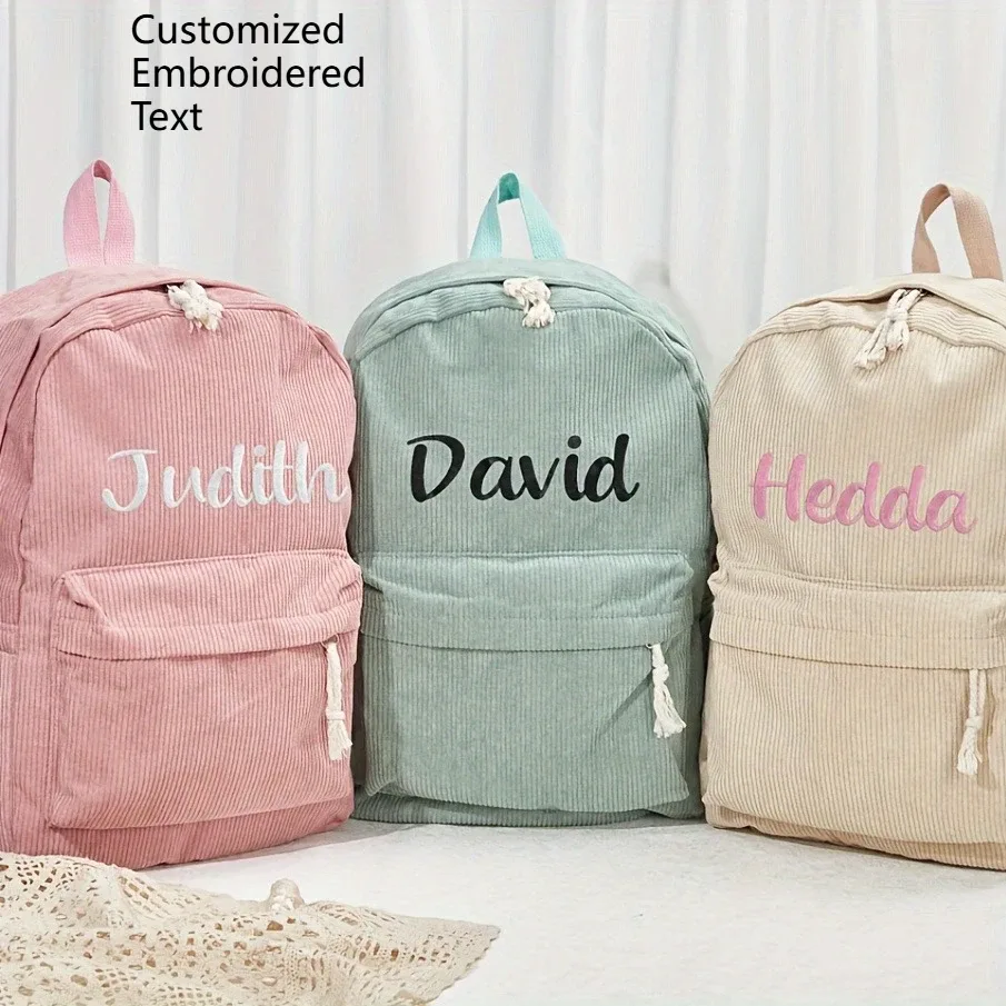 Sac à dos en velours côtelé personnalisé pour femmes, broderie vintage, nom personnalisé, sac d'école pour adolescentes, sac de voyage pour étudiantes, grande capacité