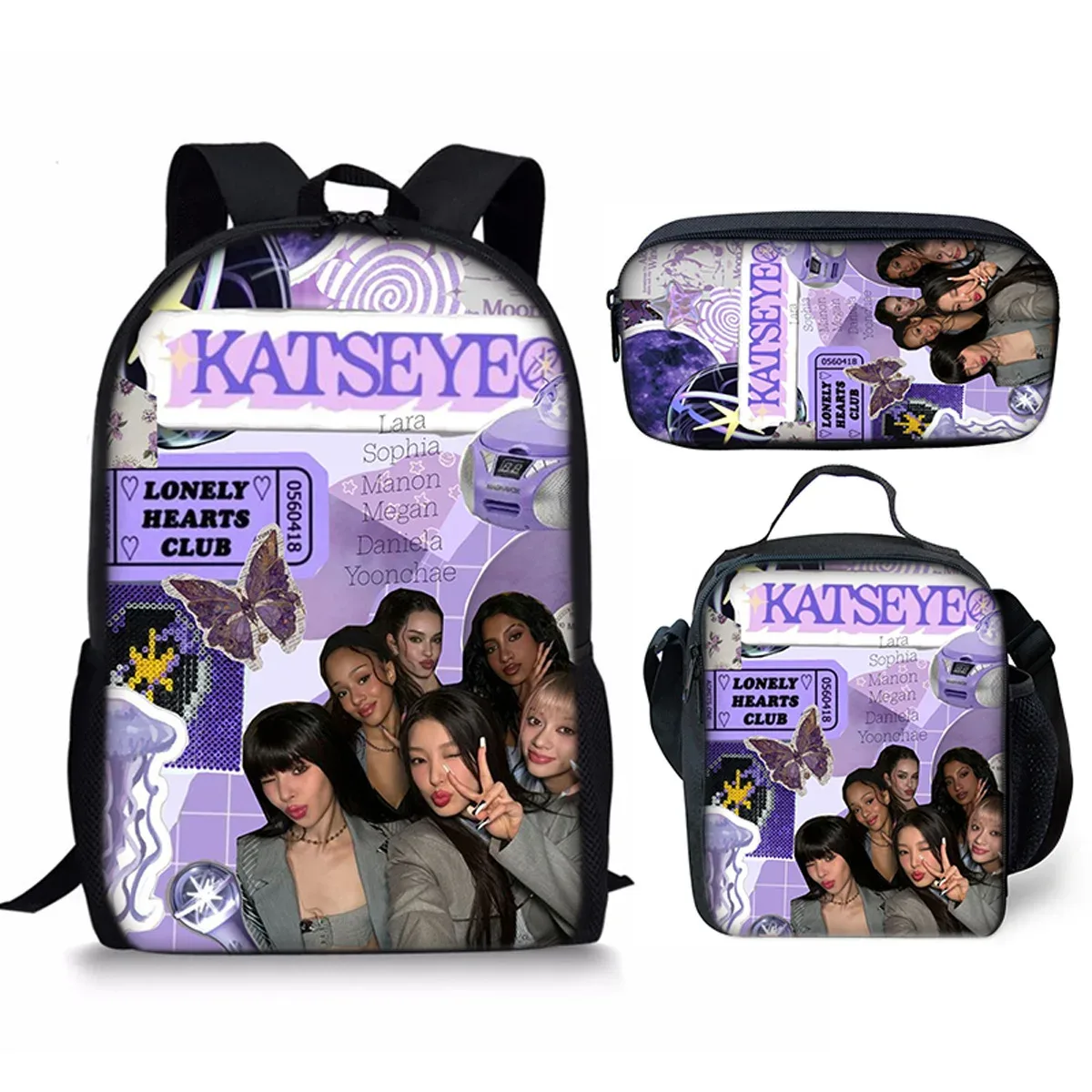sac à dos scolaire classique populaire kpop katseye imprimé 3d, ensemble de 3 pièces, sac à dos pour ordinateur portable, sac à déjeuner, trousse à crayons