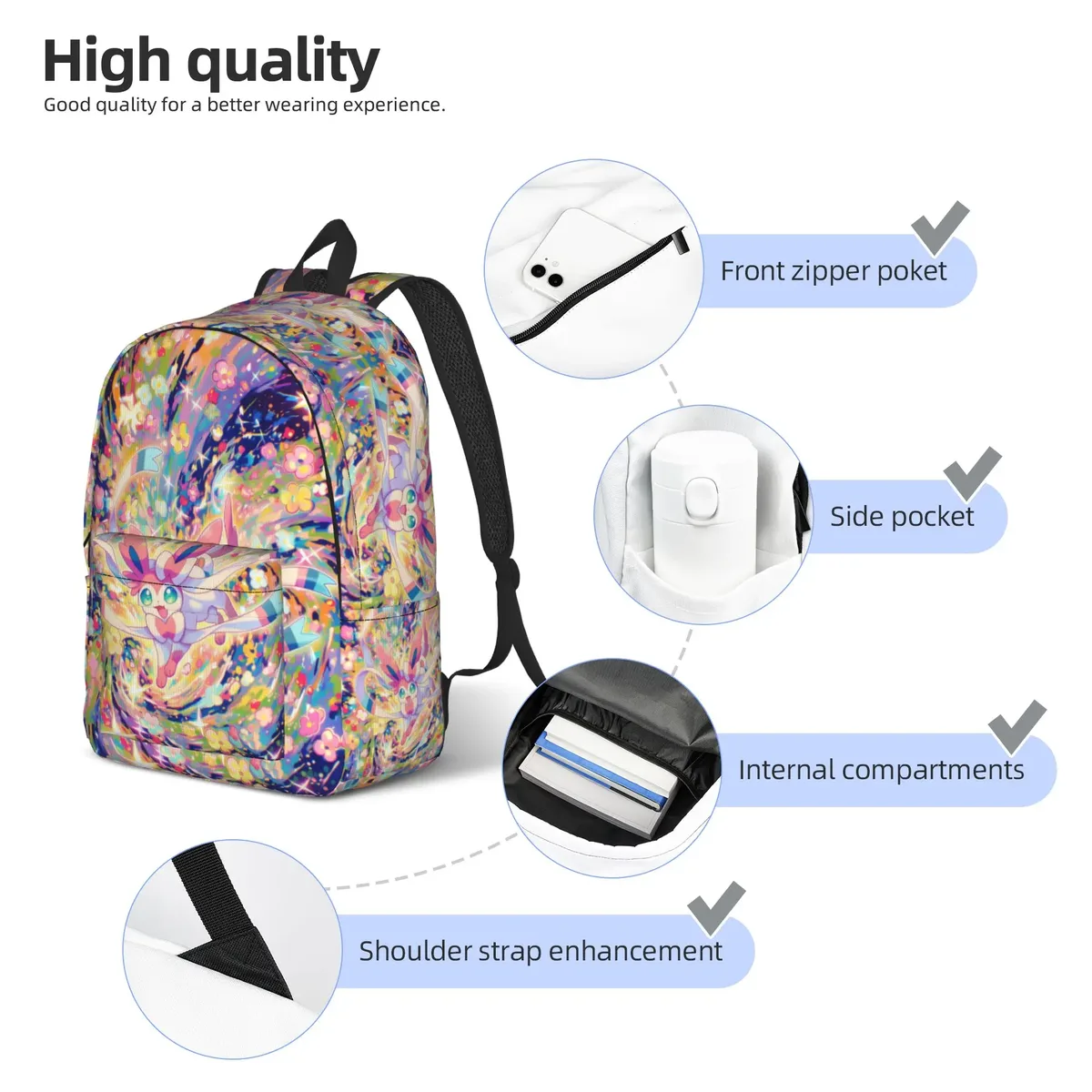 sac à dos pokemon tendance eeveelution mochilas kawaii, sac à dos d'extérieur de grande capacité