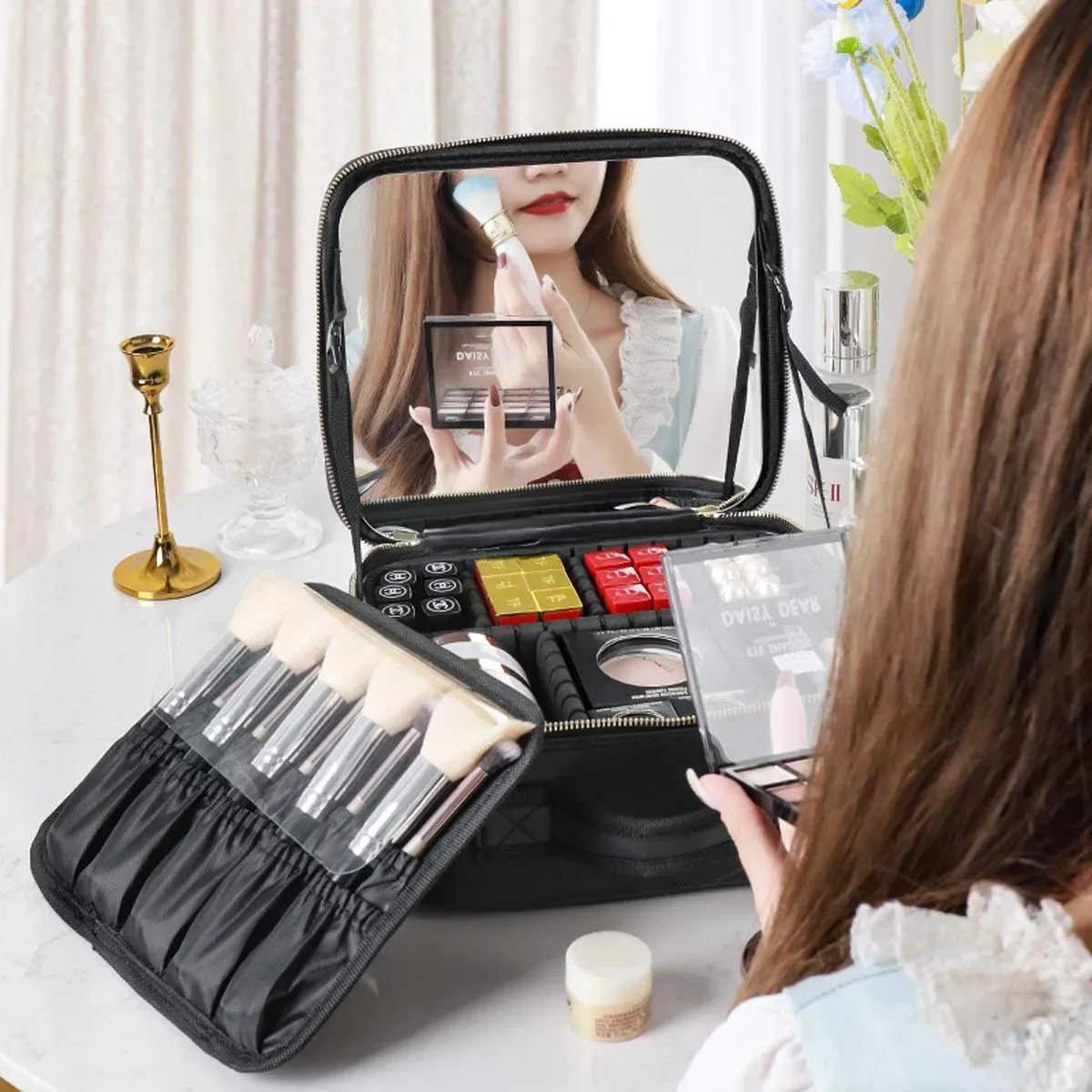 trousse de maquillage miroir plein écran pour femme, sac de rangement portable pour cosmétiques, soins de la peau, grande capacité, haut de gamme