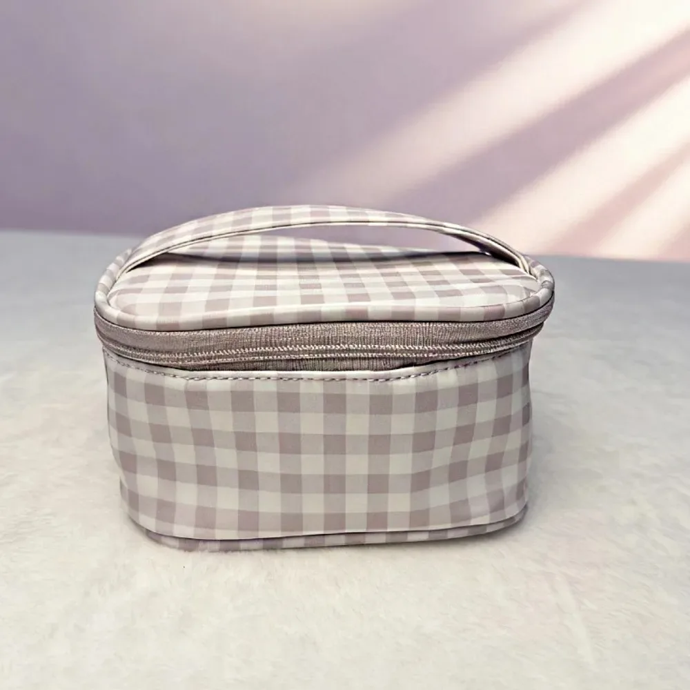 sac de maquillage simple en tissu oxford à carreaux rouges, imperméable, multifonctionnel, grande capacité, sac de toilette de voyage