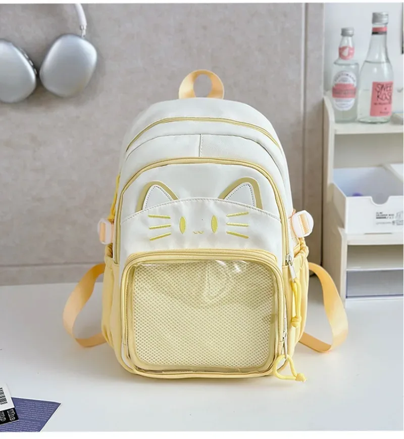 y2k mignon chat ita sacs à dos grande capacité sac à dos décontracté fille transparent bricolage affichage sac à dos dessin animé à la mode voyage cartables