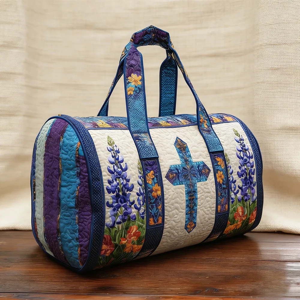sac de voyage cylindrique en toile matelassée 3d avec motif floral bleu croisé, style cottagecore, pour voyage, gym, yoga, nuit, extérieur
