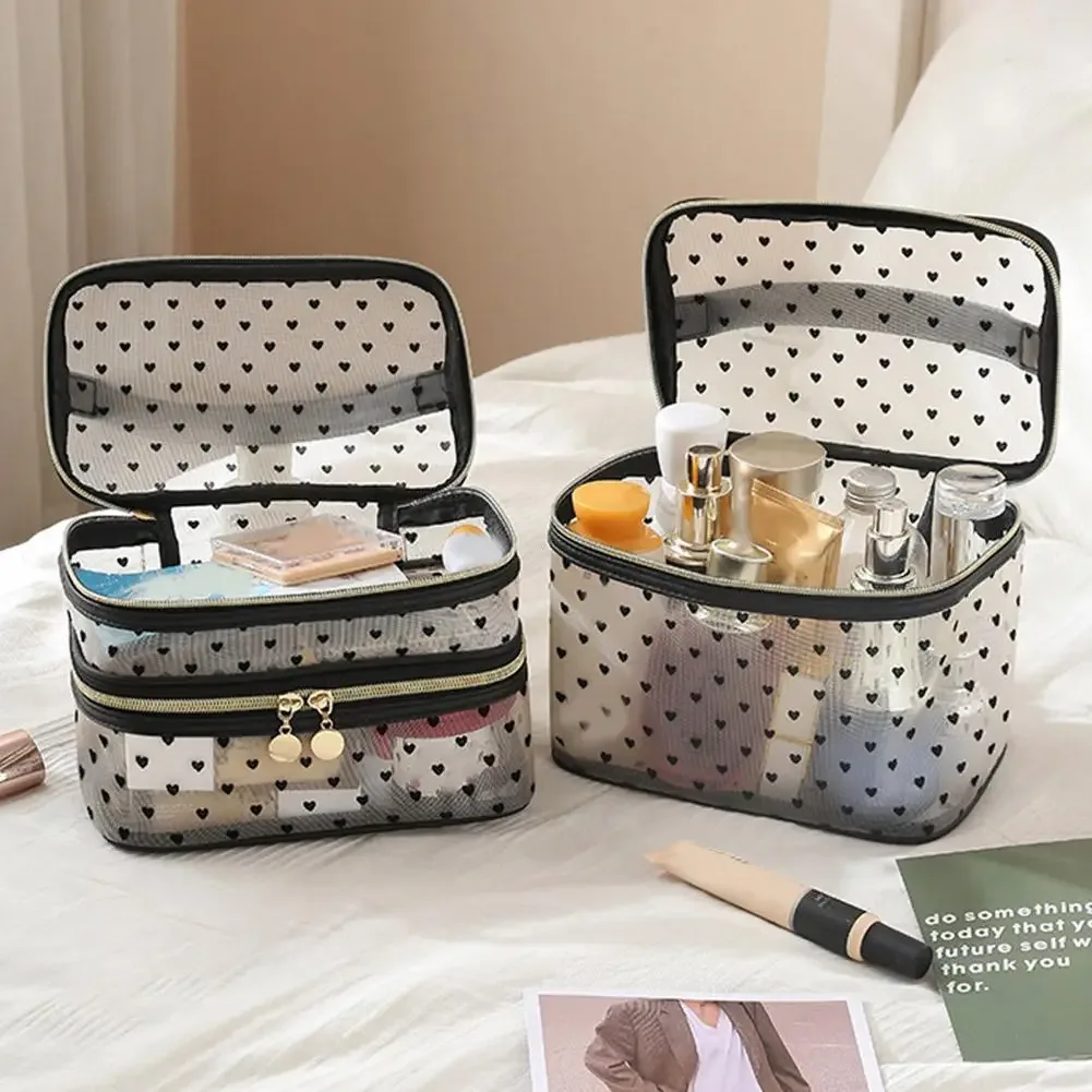 sac de maquillage en maille, organiseur de cosmétiques portable de voyage, double couche, grande capacité, trousse de toilette, étui de rangement pour femmes