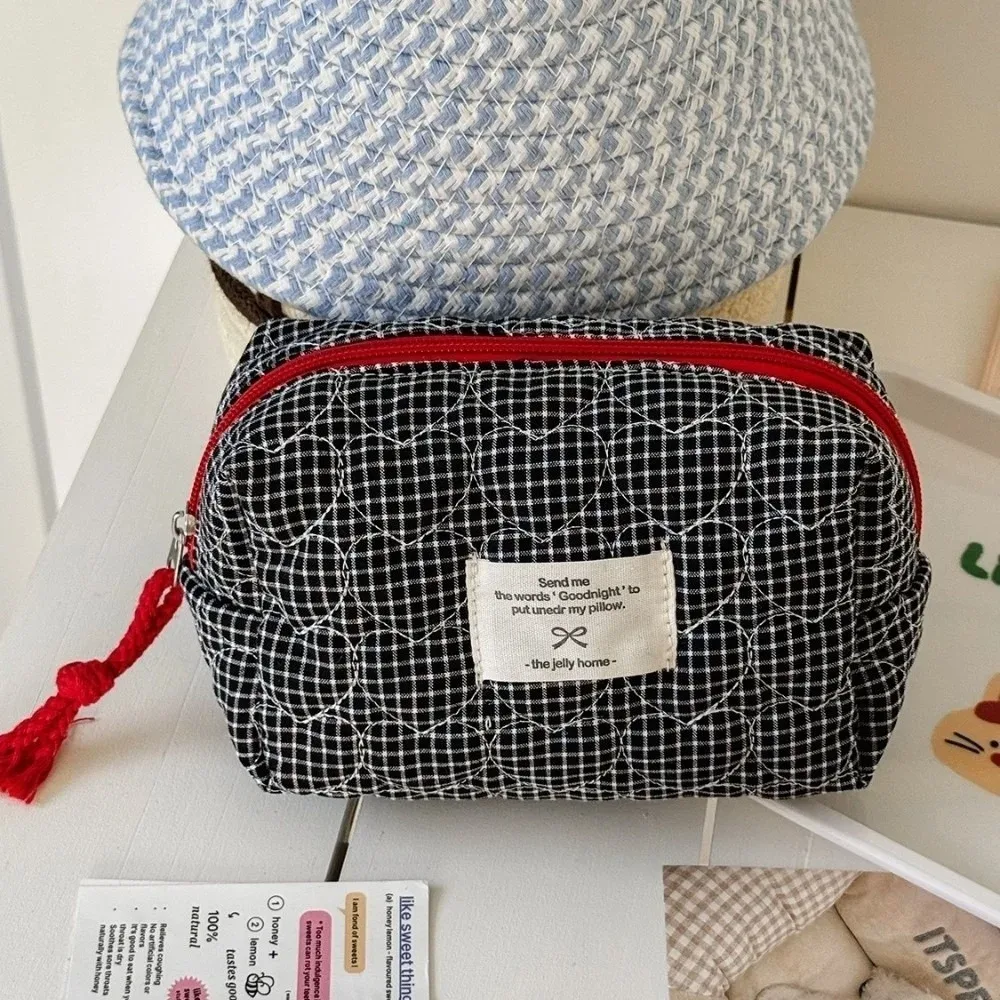 trousse de maquillage classique matelassée en forme de cœur, style coréen, grande capacité, pochette cosmétique à fermeture éclair, motif écossais, pour extérieur