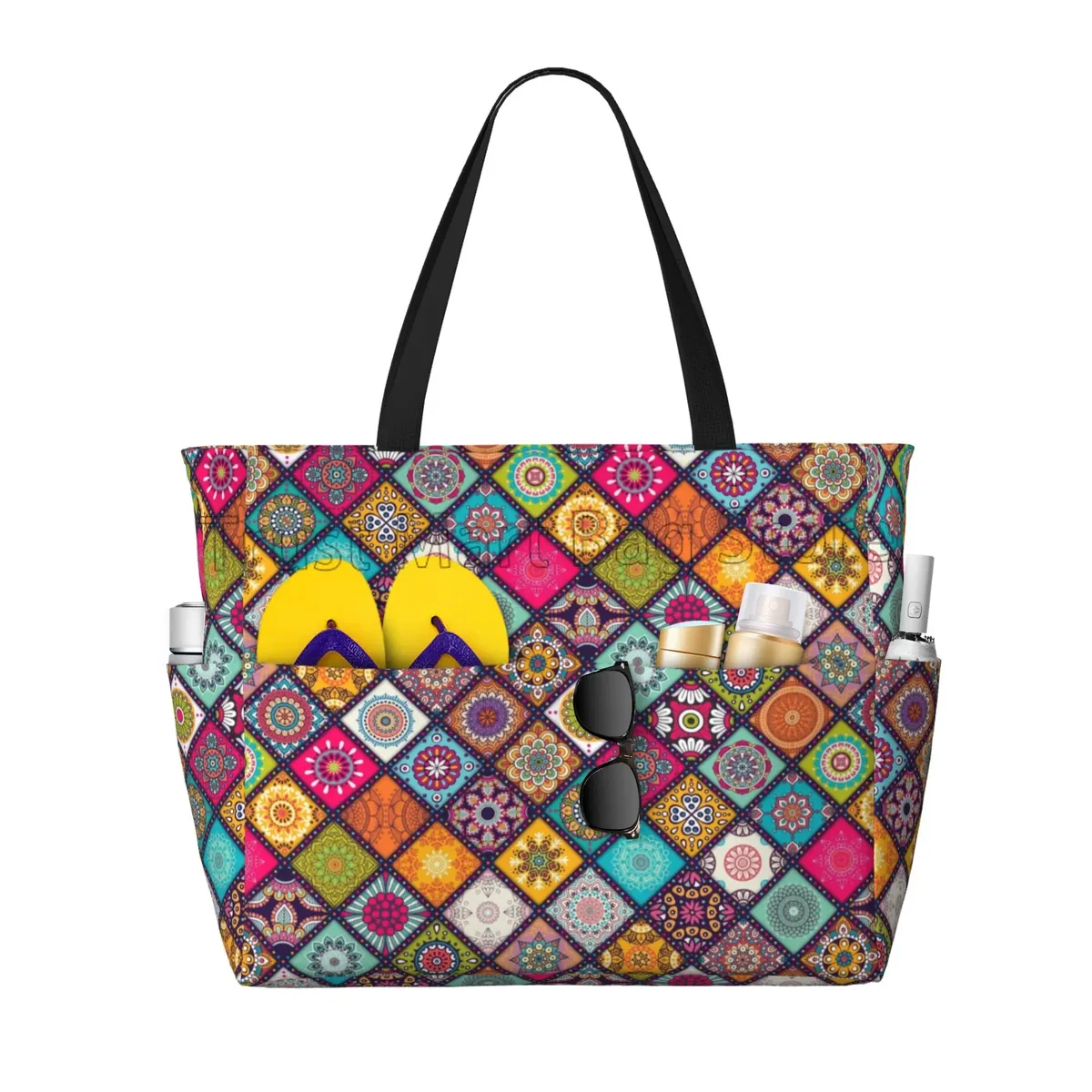 fourre-tout ethnique à fleurs de mandala pour femme, sac de plage, sac de piscine, extra large, sac de sport, sac de transport pour week-end, voyage, étanche