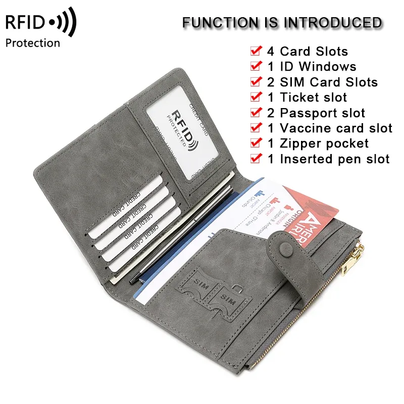 sac de passeport bloquant rfid, couleur unie pu, portefeuille à boucle zippée, porte-carte de billet, porte-passeport de voyage multifonctionnel