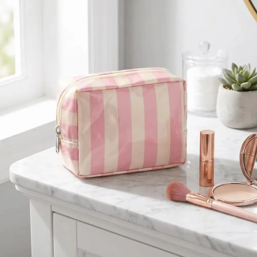nouvelle trousse de maquillage de petite taille en pvc, design rayé, trousse de toilette légère, imperméable, pochette cosmétique pour les voyages