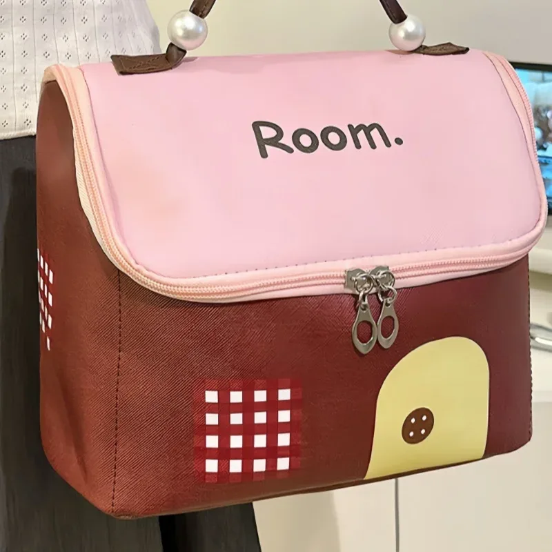 1 pièce nouvelle mini trousse de toilette portable en forme de maison avec poignée perlée, grande capacité, élégante, pour femmes et filles, cadeaux de voyage