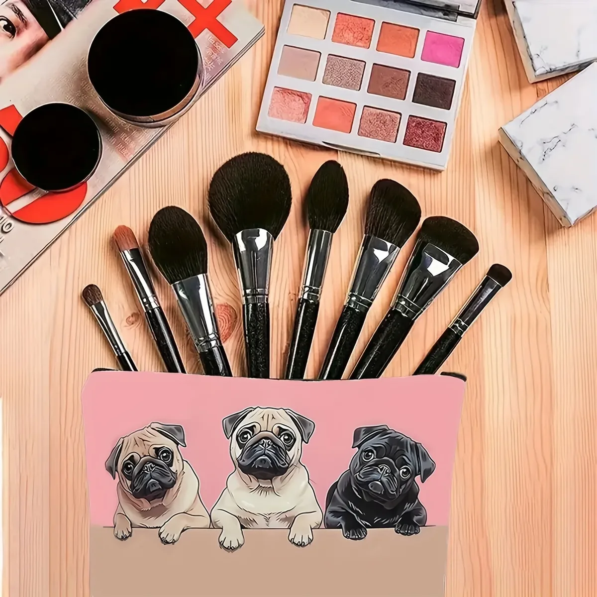 1 pièce, trousse de maquillage en polyester imprimé chien carlin mignon, style décontracté, fermeture à glissière durable qui ne se décolore pas, pochette de voyage pliable portable