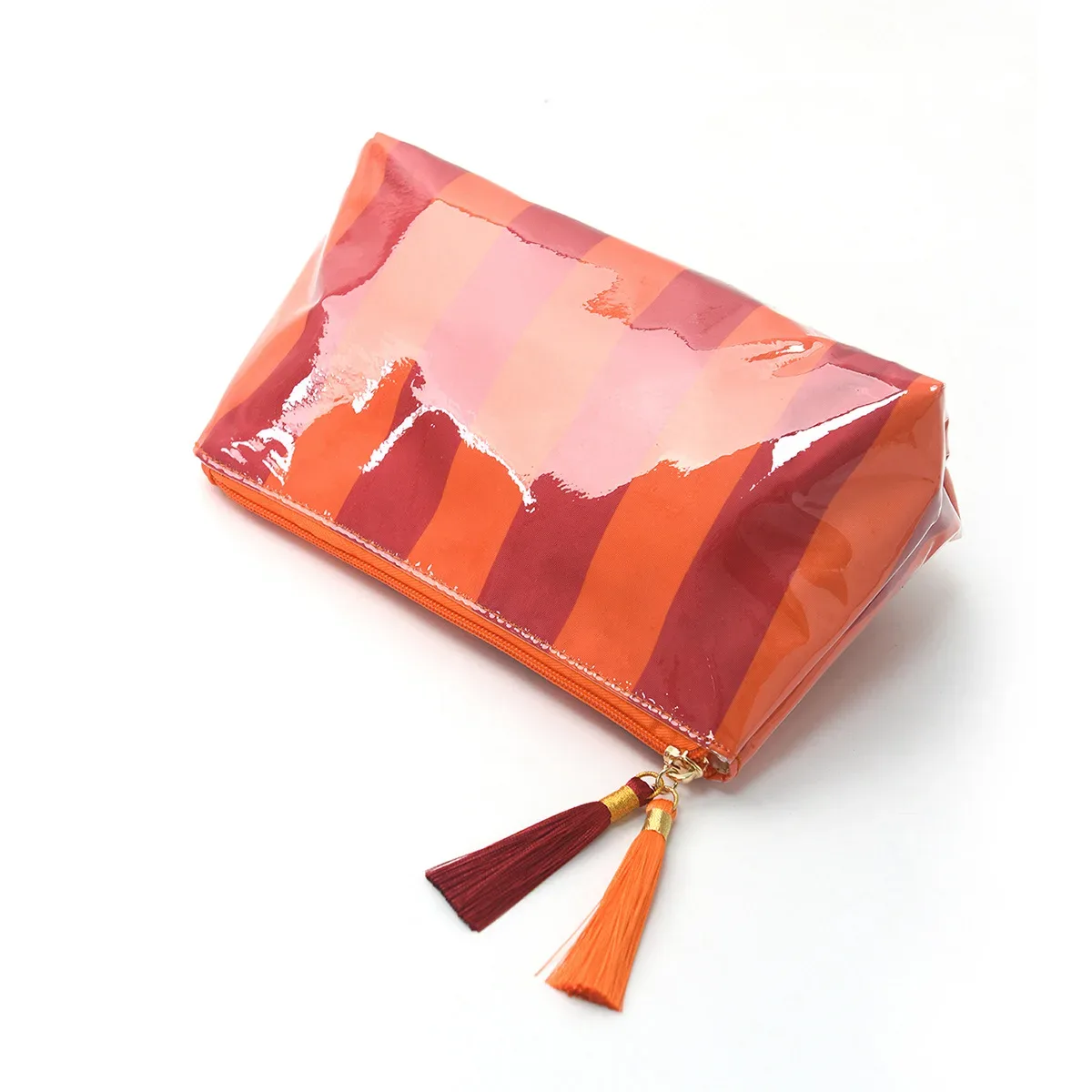 sac cosmétique rayé en pvc, trousse de maquillage avec franges et fermeture éclair, trousse de toilette imperméable pour voyage, étui pour pinceaux de maquillage