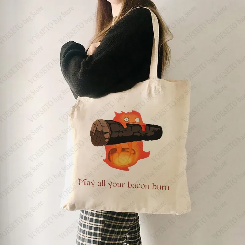 sac fourre-tout à motif may all your bacon burn, sacs à bandoulière en toile pliants tendance pour les déplacements quotidiens, sac de courses réutilisable pour femmes