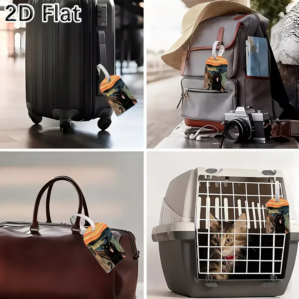 étiquette de bagage artistique avec motif de chat noir, identificateur de bagages de voyage pour valises, sacs, étiquette de bagage avec porte-carte nominative