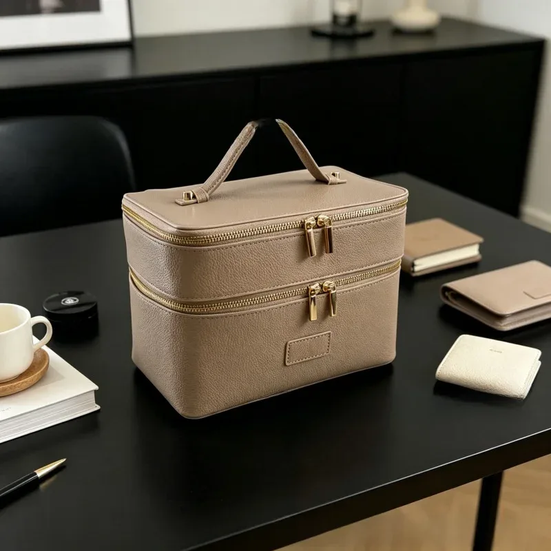 sac à main en cuir, style trousse de toilette, imperméable, grande capacité, sac de voyage pratique, sac de rangement pour maquillage, double couche, voyage décontracté