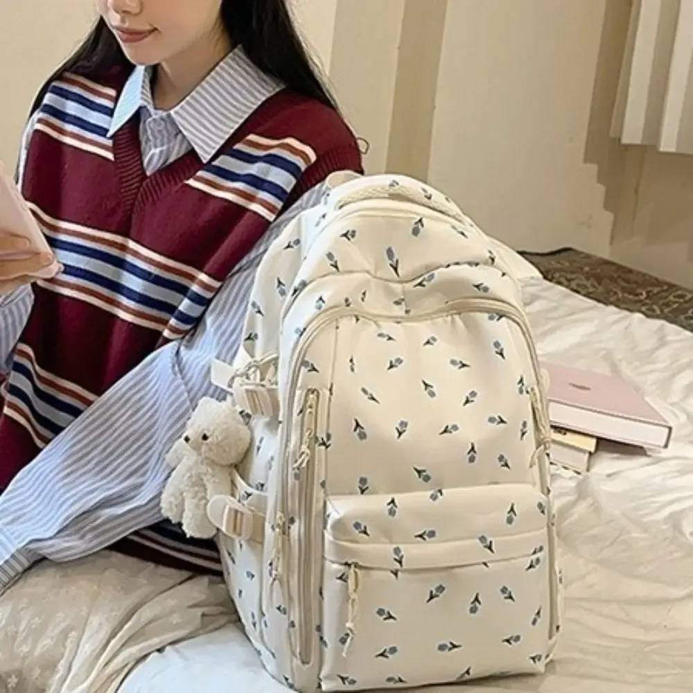 sac à dos à imprimé floral de grande capacité, multi-compartiments, multi-poches, motif nœud, sac d'école imperméable, sac à dos épaissi pour voyage