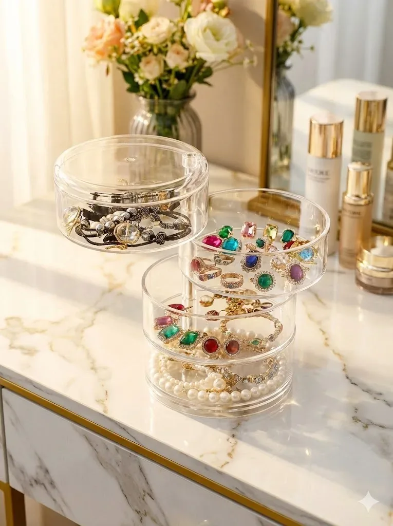 organisateur de bijoux rotatif à 360°, boîte de rangement en plastique transparent, compacte, multi-couches, porte-boucles d'oreilles et bagues, anti-poussière, présentoir de bureau