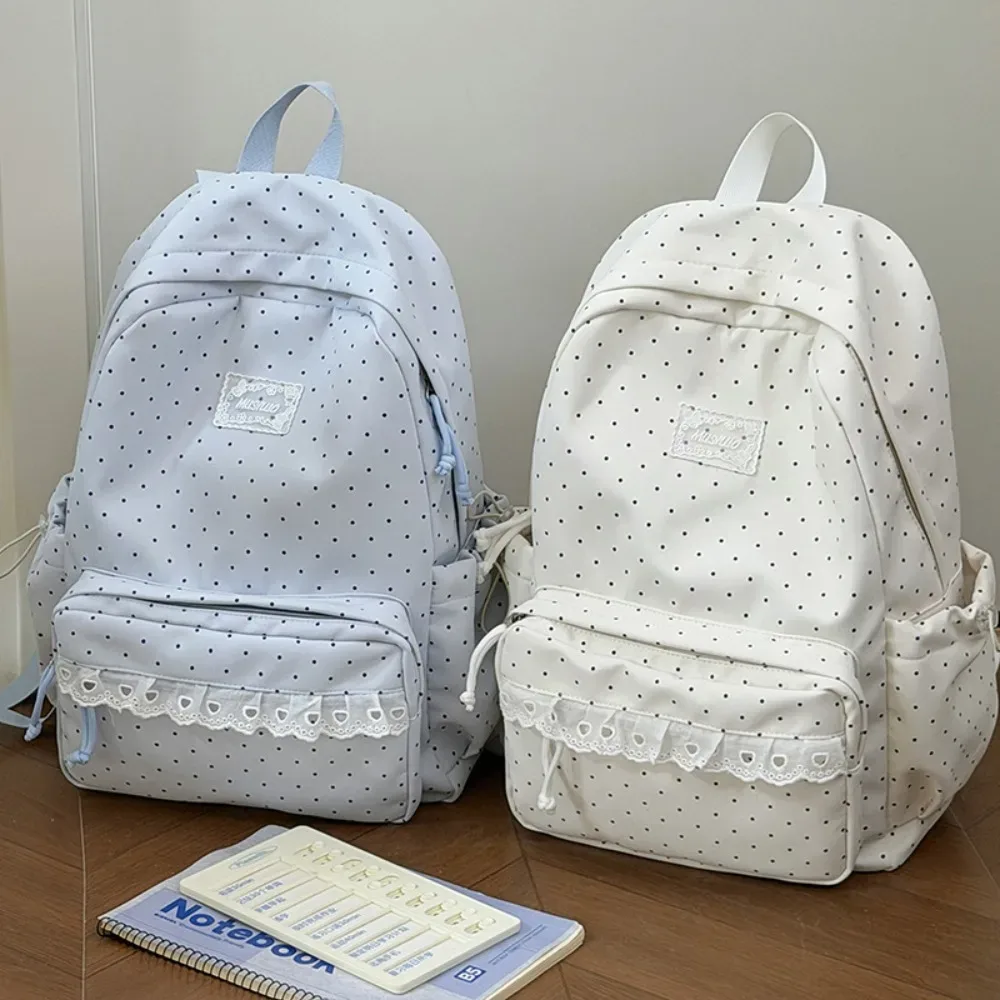 sac à dos de voyage mignon à pois, grande capacité, en nylon, pour étudiants, avec dentelle, multi-poches, sac à dos pour ordinateur portable