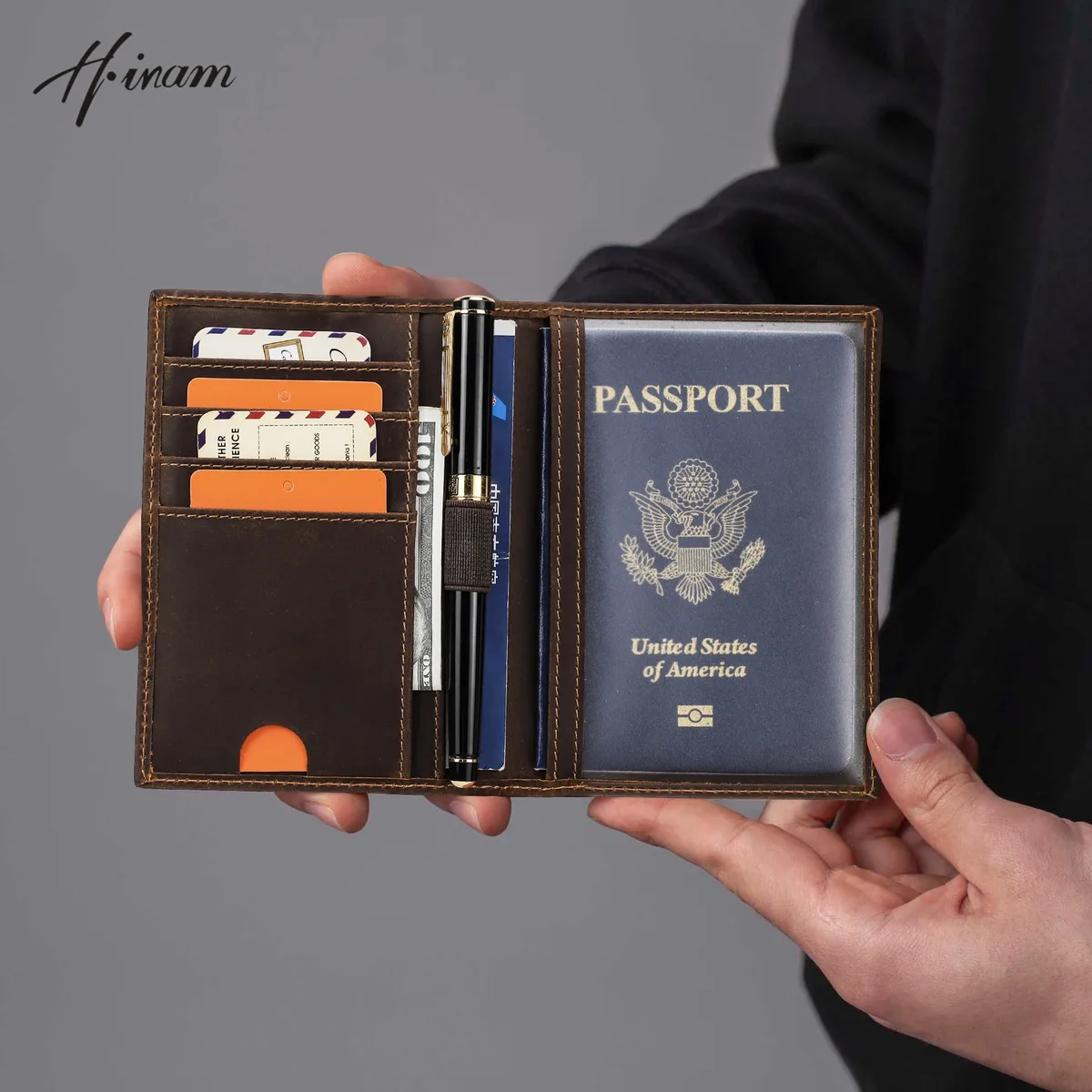 Couverture de passeport en cuir rétro, blocage RFID pour cartes, portefeuille de passeport de voyage, étui organisateur de documents avec 1 porte-stylo pour hommes et femmes
