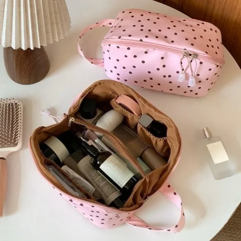Nouvelle trousse de maquillage coréenne à pois, grande capacité, sac à main portable pour femmes, organiseur de cosmétiques de voyage, sac de rangement, trousse de toilette