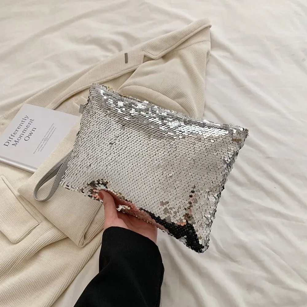 nouvelle trousse à cosmétiques brillante à paillettes, trousse de maquillage multifonctionnelle de grande capacité avec fermeture éclair, sac de rangement en polyester, sac de rangement de voyage