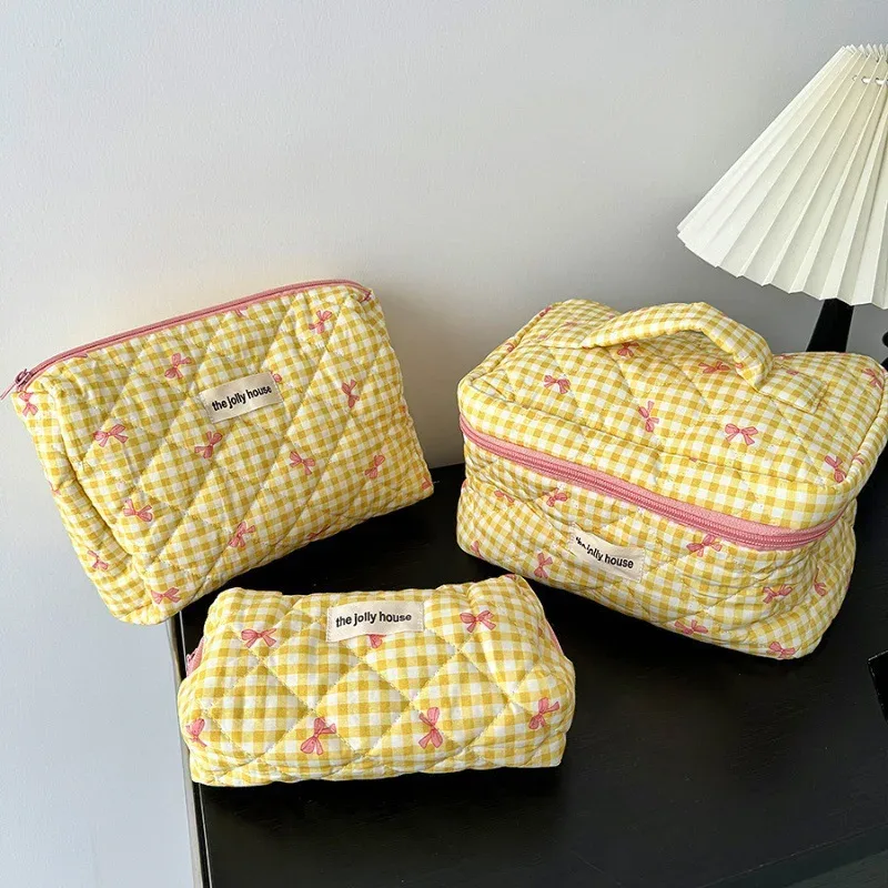 sac de maquillage en tissu de coton avec nœud mignon pour femmes, organisateur de cosmétiques à fermeture éclair, sac à main en forme de boîte, trousse de toilette portable pour filles