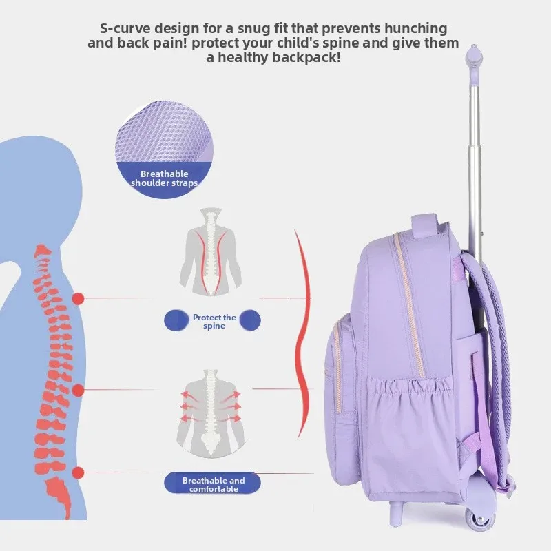 Sac à dos à roulettes pour enfants et adolescentes, ensemble de sacs d'école avec sac à déjeuner, bagages à roulettes pour étudiants