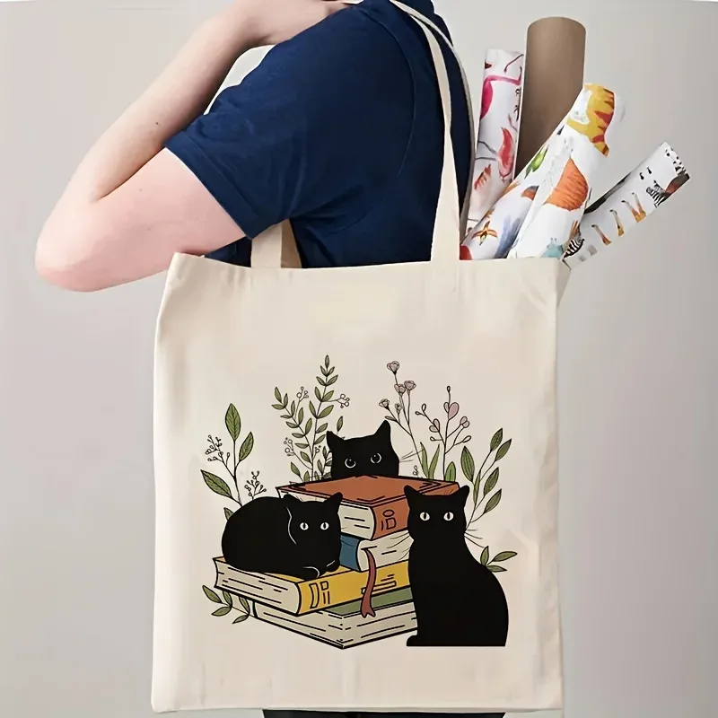 sac à main en toile à motif floral black cat book, sac à provisions double face, grand sac fourre-tout pour femmes, sac de shopping pliable