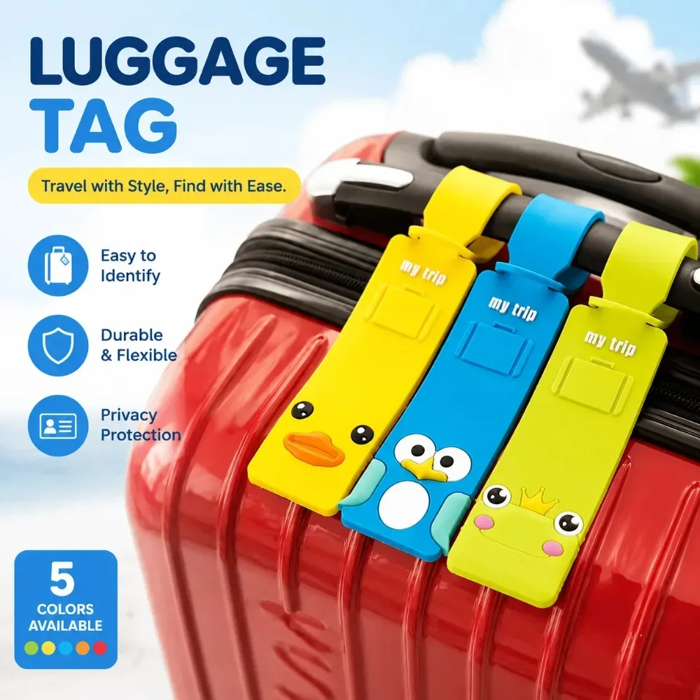 Étiquette de bagage en silicone motif animaux mignons, accessoire de voyage tendance, porte-adresse d'identification pour valise, étiquette d'embarquement portable