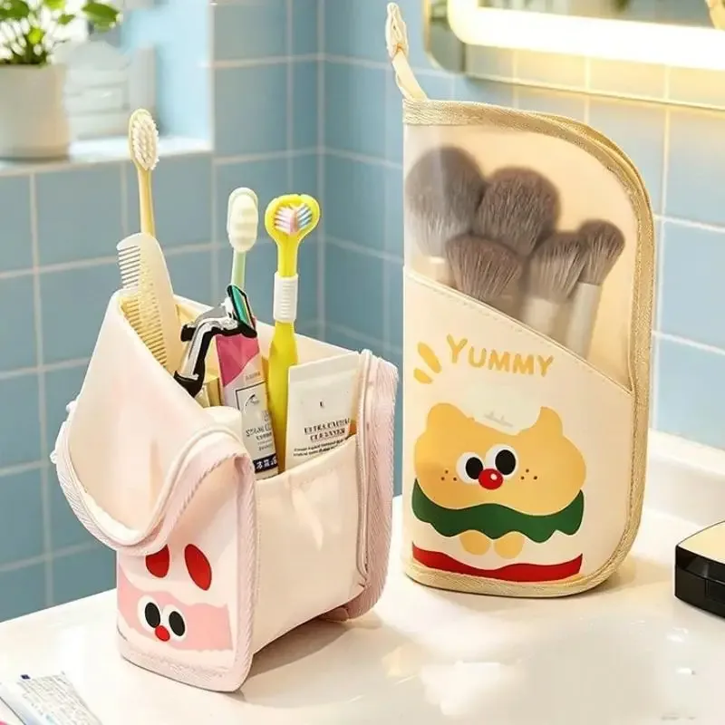 sac de rangement pour pinceaux de maquillage, motif dessin animé mignon, avec design transparent, grande capacité, parfait pour le maquillage quotidien et les voyages