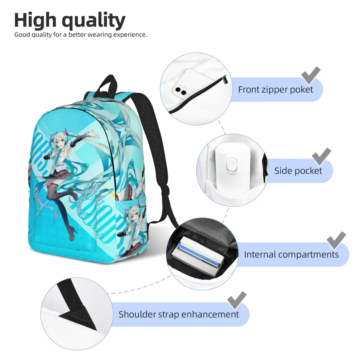 sac à dos classique hatsune miku, chanteuse, musique, anime, durable, pour étudiants, affaires, sac à bandoulière pour hommes et femmes, sac à dos pour le collège