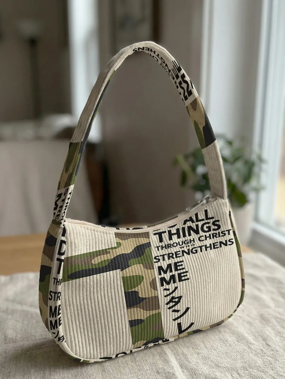 sac à bandoulière tendance à imprimé camouflage, sac sous le bras en velours côtelé pour un usage quotidien décontracté