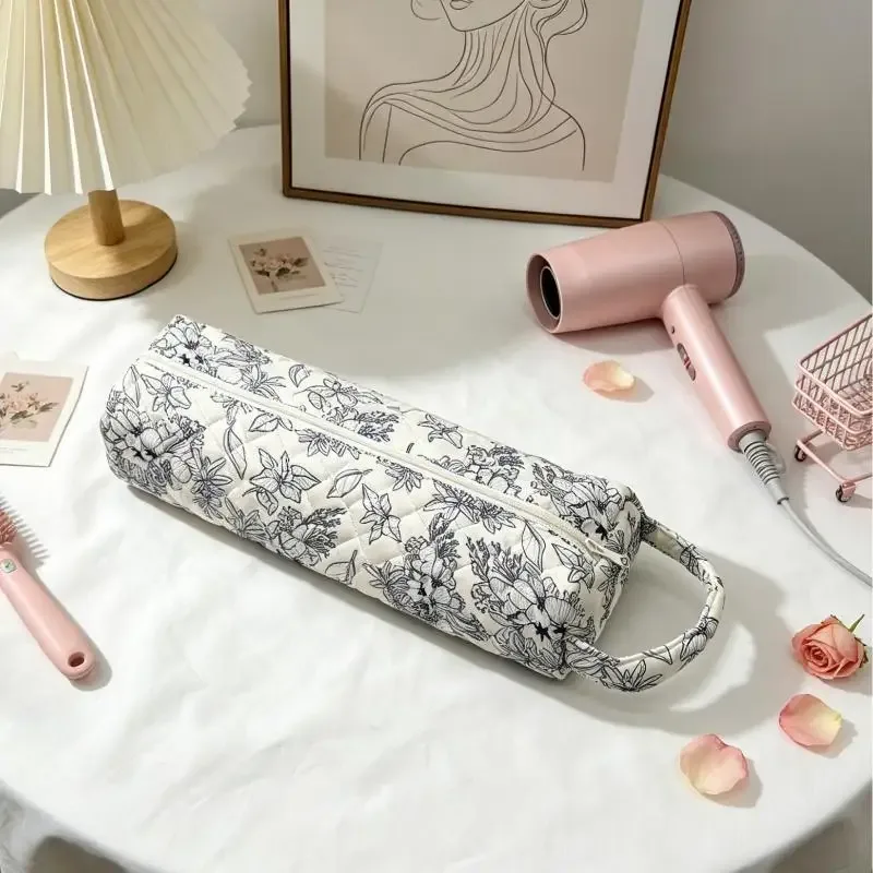 sac de rangement matelassé pour sèche-cheveux, avec joli imprimé floral, poignée portable, grande capacité, étui de transport pour voyage, organisateur de salle de bain