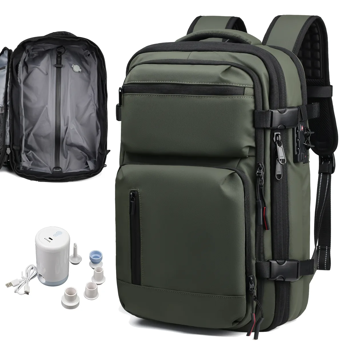 sac à dos de voyage 60l extensible avec système de compression d'air et serrure tsa, bagage cabine
