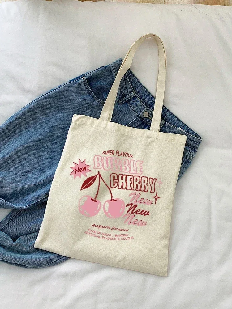 sac à bandoulière en toile cerise, 1 pièce, pliable et réutilisable, sac à main d'épicerie en tissu, unisexe pour dames, voyage pour femmes