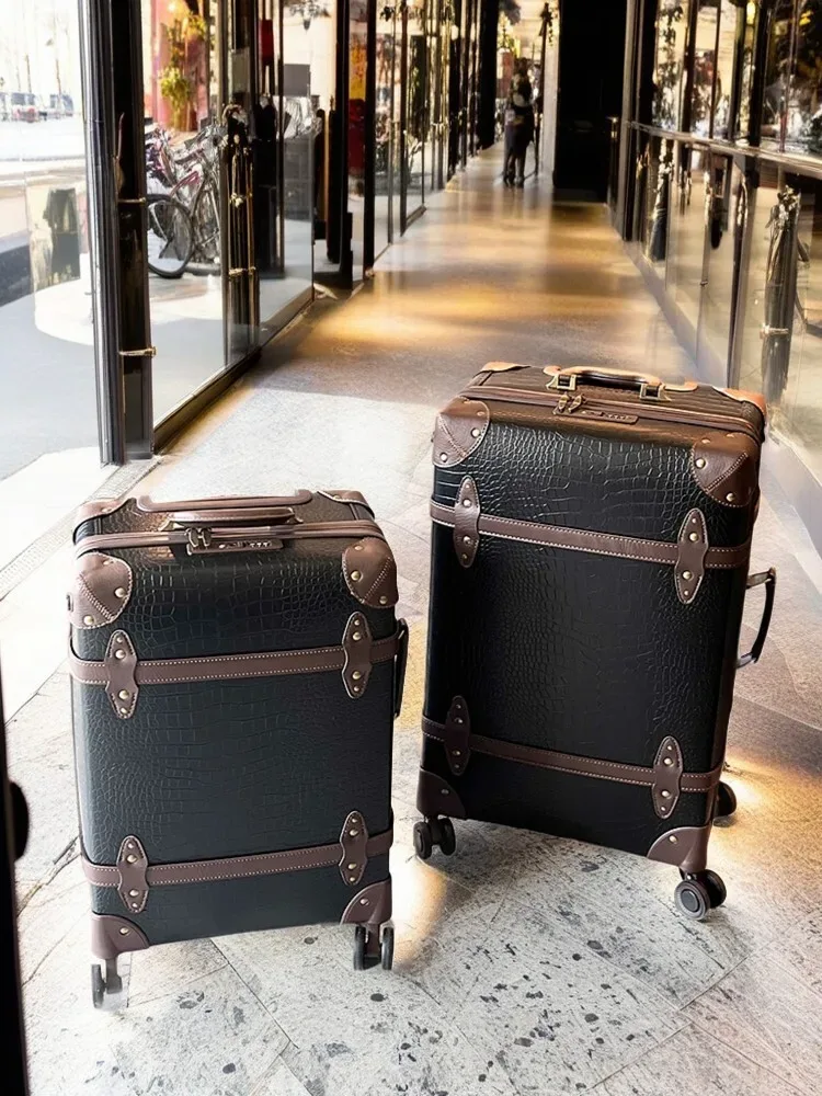 bagage en pu texture crocodile vintage, valise à main de 20 pouces, valise à carreaux de 24/26 pouces, roues spinner de grande capacité, durables pour les entreprises