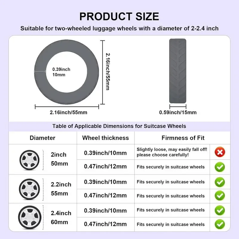 couvre-roues tpr pour bagages, 8 pièces, 2 à 2,4 pouces, housses de protection conçues spécifiquement pour les bagages et valises à deux roues
