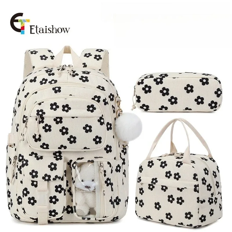 lot de 3 sacs à dos en velours côtelé motif fraise, multifonctionnels, pour l'école, les voyages, grande capacité, légers, pour étudiants