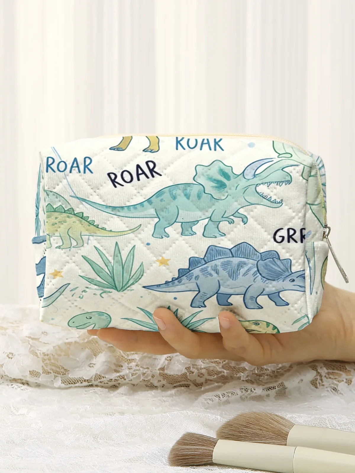 Trousse de toilette matelassée à imprimé dinosaure de dessin animé, pochette de maquillage portable à fermeture éclair, sac de rangement de voyage pour enfants, usage quotidien en extérieur