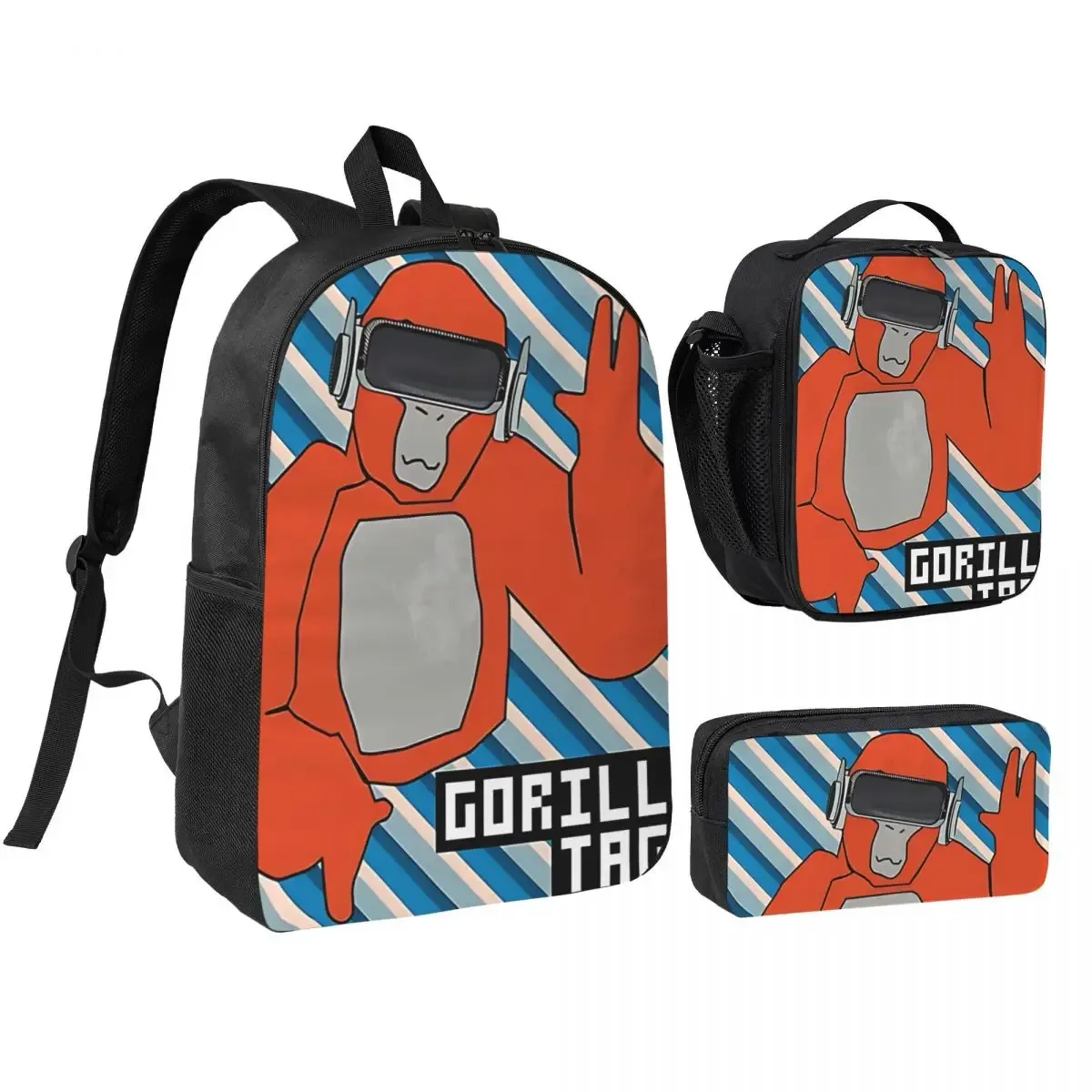 3pecs/ensemble gorilla tag vr gamer singe mosaïque sac à dos pour garçons filles retour à l'école jeux chauds sac à dos sac à déjeuner trousse à crayons