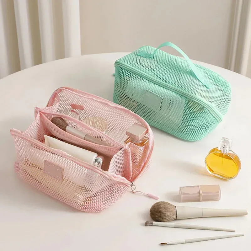 sac de maquillage à main en maille de grande capacité, fermeture éclair, multicouche, maille transparente, sac à cosmétiques, étui de rangement carré