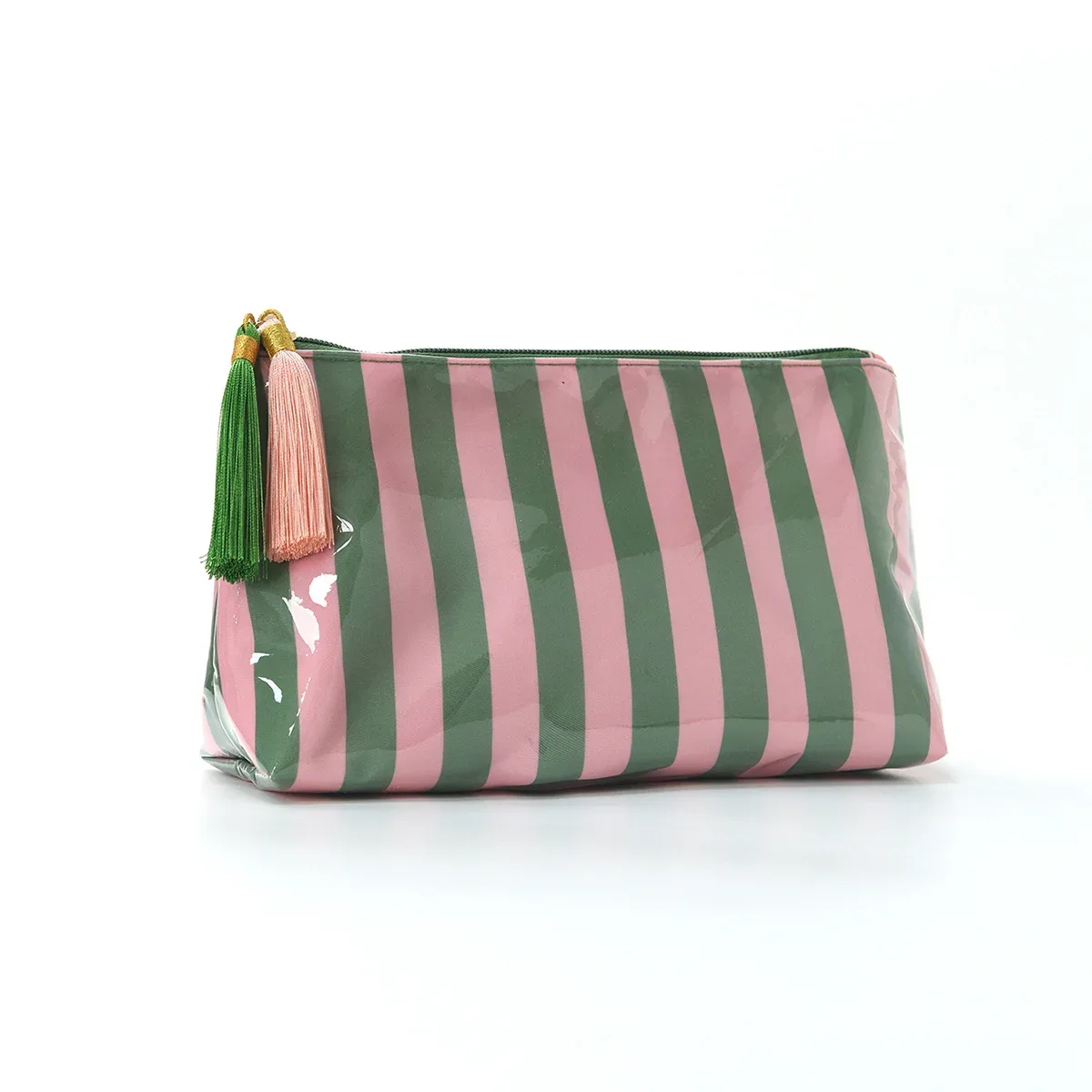 nouvelle trousse de maquillage rayée 2026 avec fermeture éclair et pompon, pochette de rangement imperméable pour cosmétiques et articles de toilette de voyage