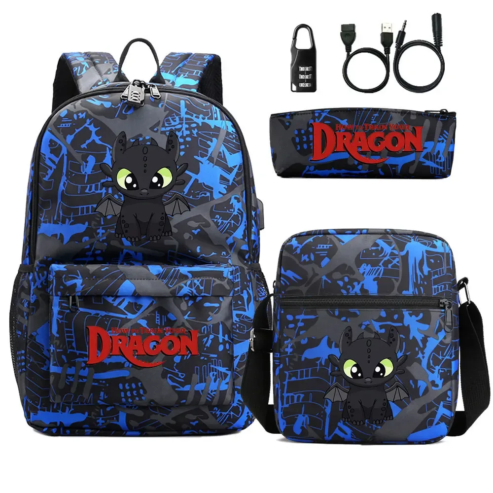 comment entraîner votre dragon 3 pièces usb antivol serrure garçon fille enfants retour à l'école livre sacs voyage sac à dos sac à bandoulière sacs à stylos