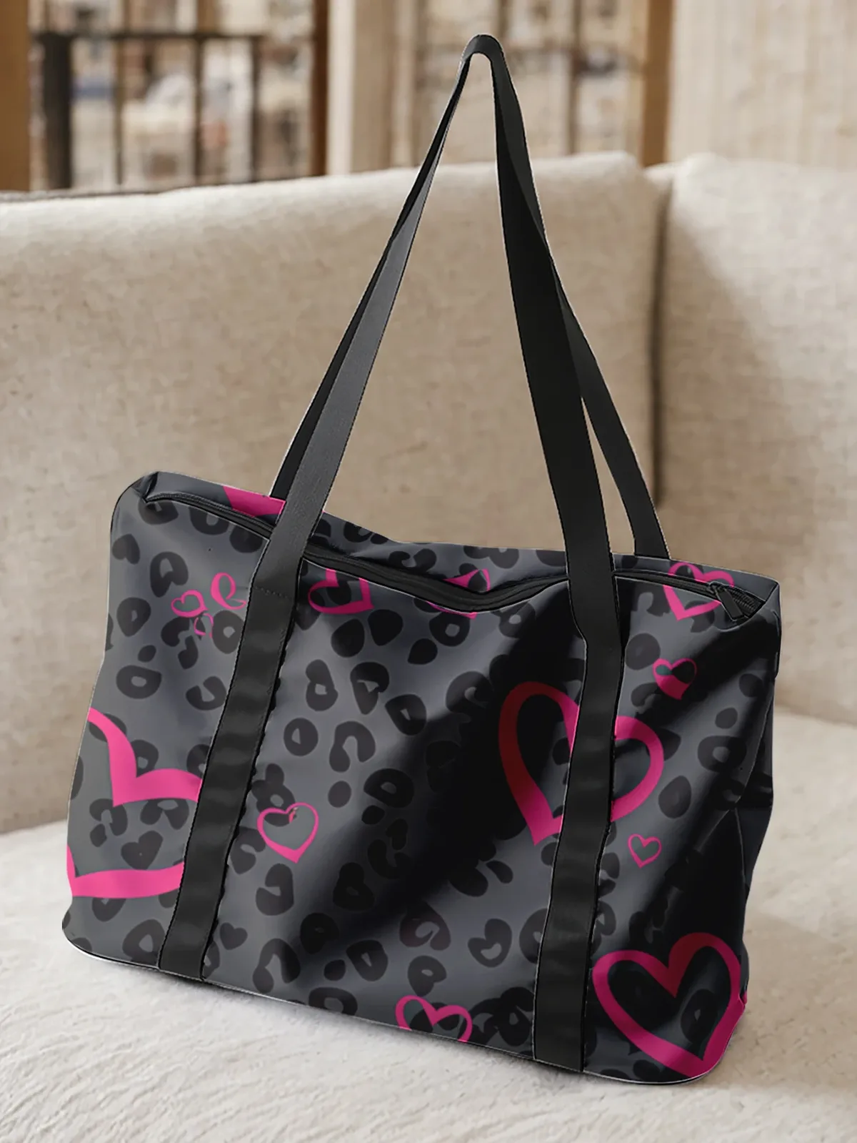 grand sac fourre-tout imprimé cœur rose léopard, sac à main à bandoulière, sac de rangement à larges sangles pour les voyages, la plage, le shopping, la salle de sport et les trajets quotidiens