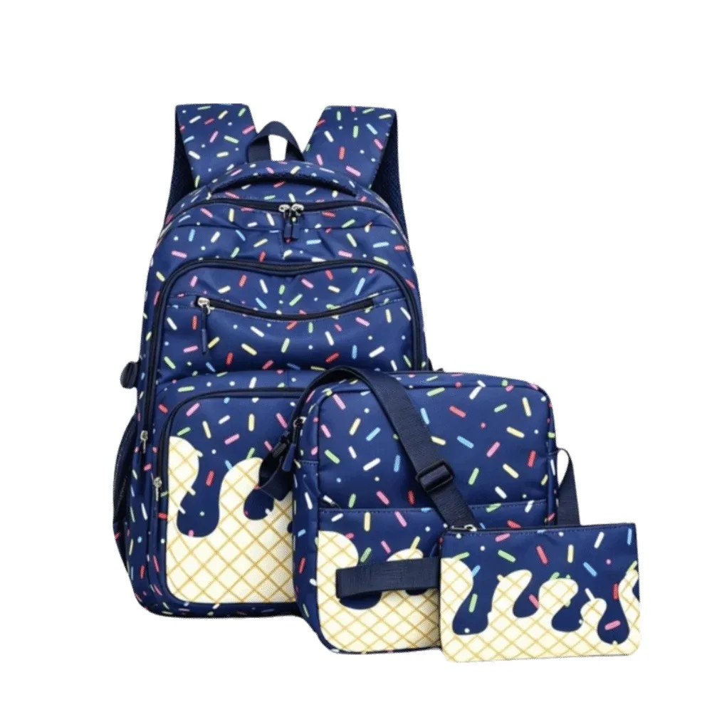 ensemble de sacs à dos en tissu oxford imprimé crème glacée avec trousse à crayons, sac à dos de grande capacité avec sac bandoulière et sac fourre-tout assorti.