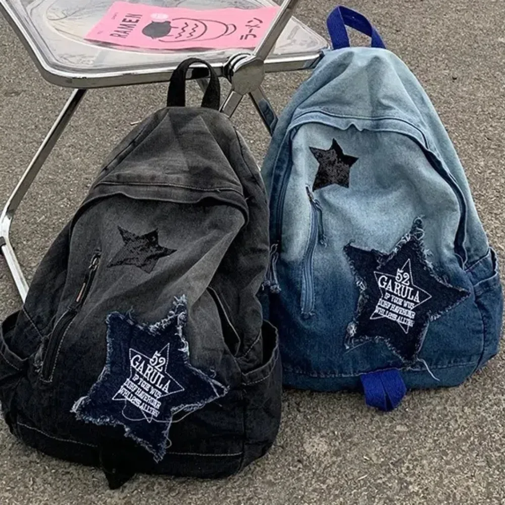 nouveau sac à dos en denim à motif étoile y2k, sac de livre de grande capacité, sac à dos de voyage punk pour adultes