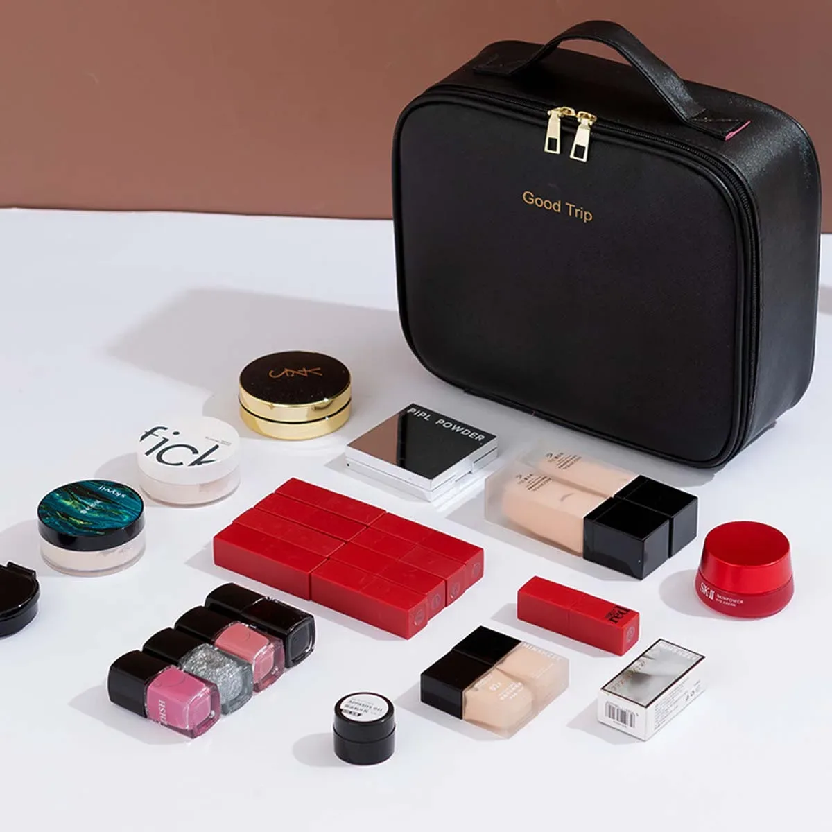 trousse de maquillage de voyage à lumière led avec miroir, grande capacité, sac de rangement avancé, étui de rangement portable, serrure à combinaison