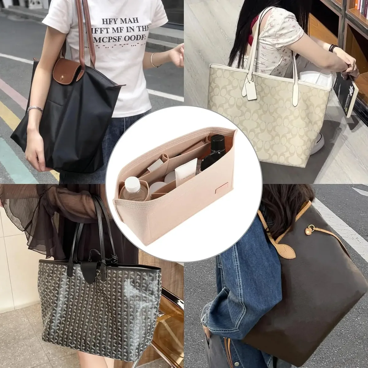 ensemble de 2 pièces d'insertion d'organisateur de sac à main pour sacs à main, organisateur de sac en feutre pour fourre-tout et sac à main, insert d'organisateur de sac fourre-tout, pour lv neverfull