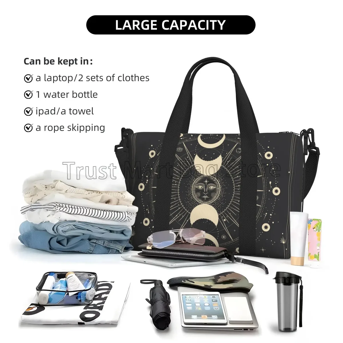 sac de sport de voyage unisexe, lune, étoile, soleil mystique, stratravelling, tarot goth, sacs de week-end polyvalents, sac à bagages étanche décontracté